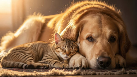 Golden Retriever and cat lying together on carpet in sunlight.の素材