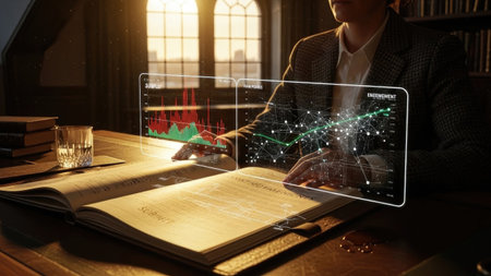 Businesswoman analyzing stock market data on tablet computer. Investment and trading concept.の素材