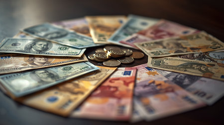 Coins on a wooden table. Close-up. Money background.の素材