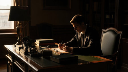 Male lawyer sitting at desk and writing in notepad at night.の素材