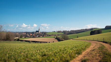 Panoramic view of idyllic rural landscape with church in Germanyの素材