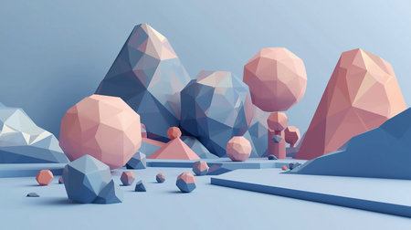 Low poly landscape with mountains, trees and rocks. 3d renderingの素材
