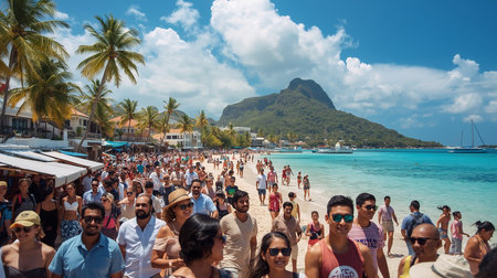 Crowds of tourists on the beach in Phuket, Thailandの素材