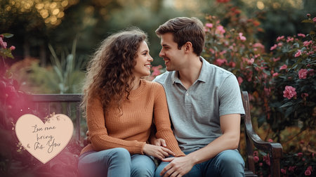 Young couple sitting on a bench in the park and looking at each otherの素材