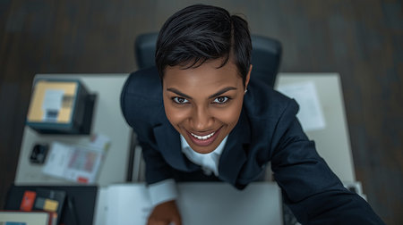 High angle view of smiling african american businesswoman in officeの素材