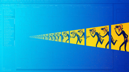Illustration of a group of people walking in a line on a blue backgroundの素材