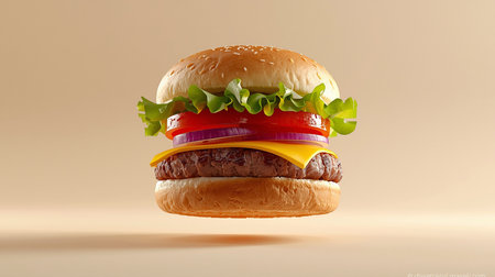 Cheeseburger on a beige background. 3d renderingの素材