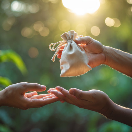 Hands of women holding a money bag in the nature background.の素材