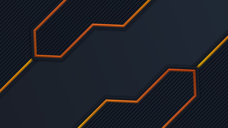 Abstract 3D black technology background overlap layers on dark space with orange light effect decoration. Modern graphic design template elements for poster, flyer, brochure, or bannerのイラスト素材