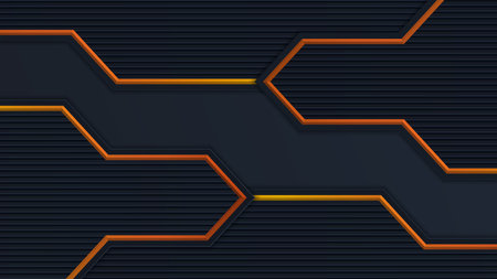 Abstract 3D black technology background overlap layers on dark space with orange light effect decoration. Modern graphic design template elements for poster, flyer, brochure, or bannerのイラスト素材