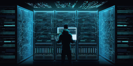 Computer engineer working on laptop computer with server room, data center, big data storage as backgrounds, digital technology, database, IT support, telecommunication, internet network technologyの写真素材