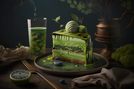 Matcha Green Tea Cake, Delicious Food Photographyの写真素材