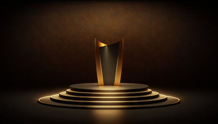 Golden podium on a dark background with spotlightの写真素材