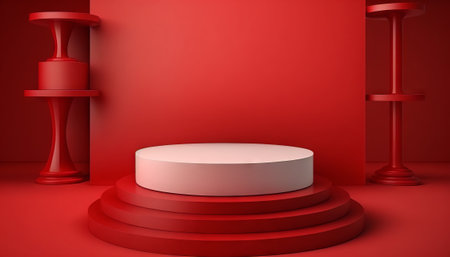 Pedestal of platform display with modern stand podium on red room background. Blank Exhibition stage backdrop or empty product shelf. 3D renderingの写真素材
