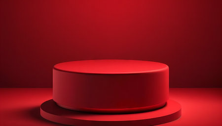 Red product background stand or podium pedestal on empty display with blank backdropsの写真素材