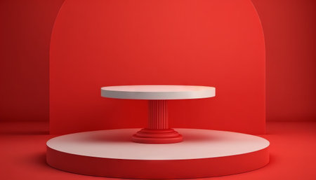 Pedestal of platform display with modern stand podium on red room background. Blank Exhibition stage backdrop or empty product shelf. 3D renderingの写真素材
