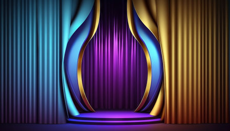 Blue purple Golden Curtain Stage Award Background. Trophy on Red Carpet Luxury Background. Modern Abstract Design Template. LED Visual Motion Graphicsの写真素材