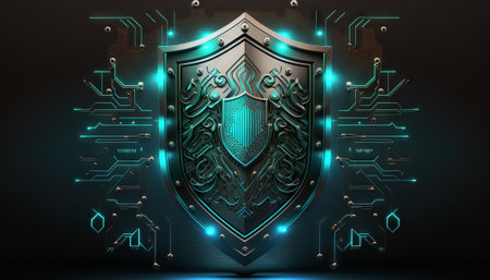 Abstract technology circuit board background with shield symbols concept of data protection and...