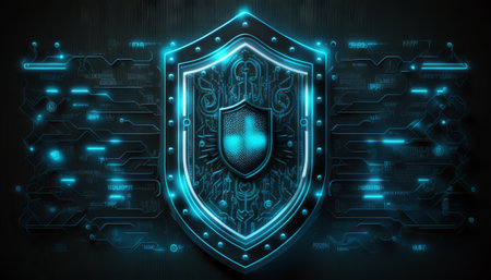 Abstract technology circuit board background with shield symbols concept of data protection and...