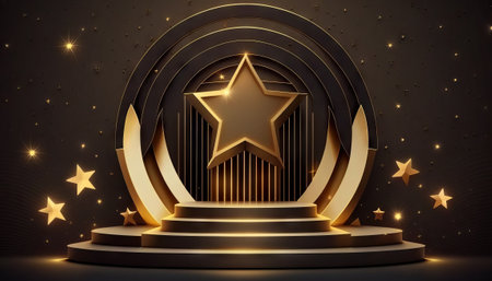 Award ceremony background with podium and 3d gold star element and glitter light effect decoration
