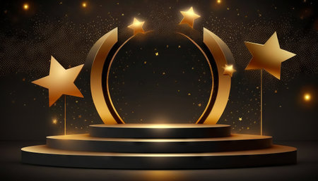 Award ceremony background with podium and 3d gold star element and glitter light effect decorationの写真素材