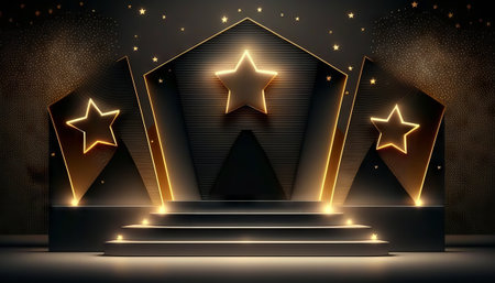 Award ceremony background with podium and 3d gold star element and glitter light effect decoration