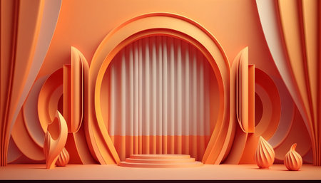 orange soft pastel Curtain Stage Award Background. Trophy on orange Carpet pastel Background. Modern Abstract Design Template. LED Visual Motion Graphicsの写真素材