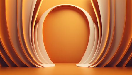 orange soft pastel Curtain Stage Award Background. Trophy on orange Carpet pastel Background. Modern...