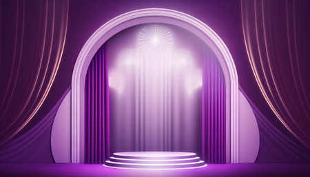 purple pastel Curtain Stage Award Background. Trophy on purple Carpet pastel Background. Modern Abstract Design Template. LED Visual Motion Graphicsの写真素材