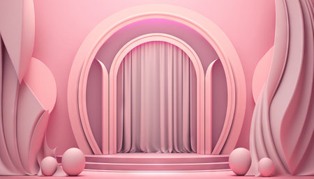 Pink soft pastel Curtain Stage Award Background. Trophy on Pink Carpet pastel Background. Modern Abstract Design Template. LED Visual Motion Graphicsの写真素材