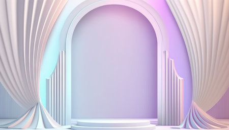 White soft pastel Curtain Stage Award Background. Trophy on White Carpet pastel Background. Modern Abstract Design Template. LED Visual Motion Graphicsの写真素材