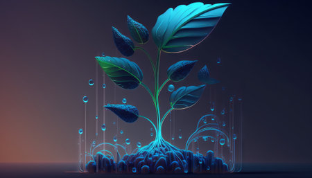Abstract growing plant in soil with drop of water. Low poly style design. Blue geometric background. Wireframe light connection structure. Modern 3d graphic conceptの素材