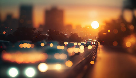 Blur Background city abstract with sunset and beautiful lighting bokeh motion focus in the morningの素材