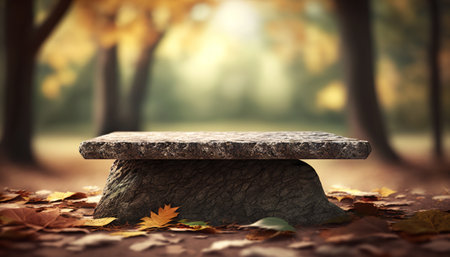Stone board empty table in front of blurred background. perspective brown stone over blur trees in forestの素材