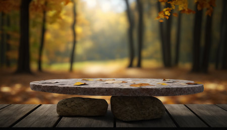 Stone board empty table in front of blurred background. perspective brown stone over blur trees in forest. Generative aiの素材