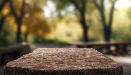 Stone board empty table in front of blurred background. perspective brown stone over blur trees in forest. Generative aiの素材
