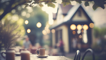 Blurred background - coffee shop in garden blur background with bokeh. vintage filtered imageの素材