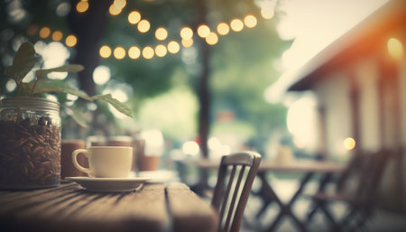 Blurred background - coffee shop in garden blur background with bokeh. vintage filtered imageの素材