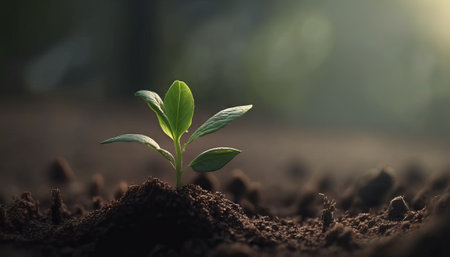 A scene of farming and plant growth is set against a green, blurry backdrop. sprouting from seed and developing into a seedlingの素材