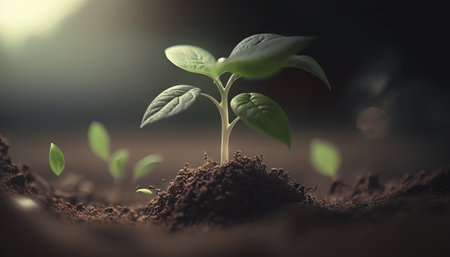 A scene of farming and plant growth is set against a green, blurry backdrop. sprouting from seed and developing into a seedlingの素材