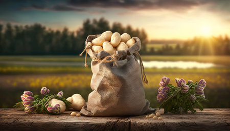 young potatoes in burlap sack on wooden table with blooming agricultural field on the backgroundの素材