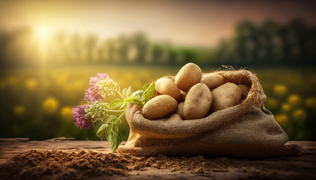 young potatoes in burlap sack on wooden table with blooming agricultural field on the backgroundの素材