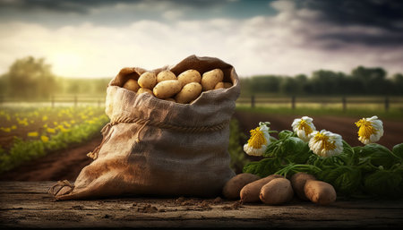 young potatoes in burlap sack on wooden table with blooming agricultural field on the backgroundの素材