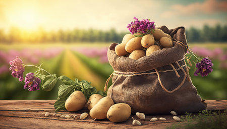 young potatoes in burlap sack on wooden table with blooming agricultural field on the backgroundの素材