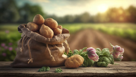 young potatoes in burlap sack on wooden table with blooming agricultural field on the backgroundの素材