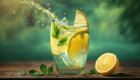lemonade in glass with splash on wooden table and green blurred background. Summer refreshing drink. Cold detox water with lemonの素材