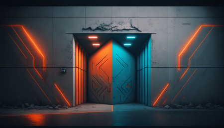Underground Neon Orange Blue Sci Fi Futuristic Rock Wall Concrete Basement Parking Showroom Grunge Car Corridor 3D Rendering illustrationの素材