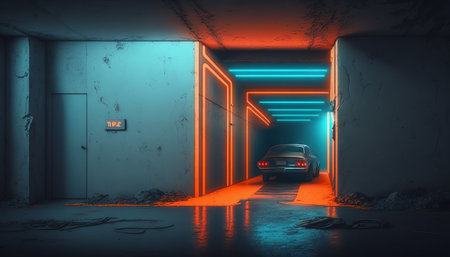 Underground Neon Orange Blue Sci Fi Futuristic Rock Wall Concrete Basement Parking Showroom Grunge Car Corridor 3D Rendering illustrationの素材