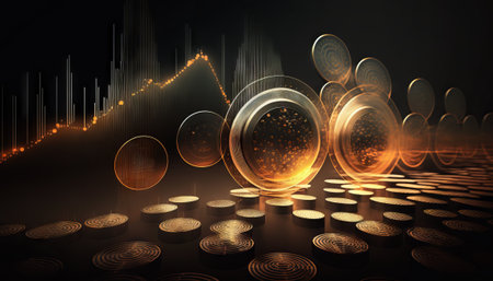 Double exposure of graph and rows of coins for finance and business conceptの素材