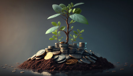 Growing Money - Plant On Coins - Finance And Investment Conceptの素材